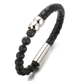 Halukakah "SALUTE THE EARTH" Men's Genuine Leather Bracelet with Lava Rock Beads,Smart Magentic Clasp, 8.46"(21.5cm) with FREE Giftbox