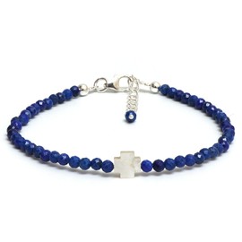GemInspire Blue Lapis Lazuli Beaded Bracelet, Pearl Cross Bracelet, Faith Hope Bracelets, September Birthstone,Gift for Mom,6.5+1 Inch 925 Silver Adjustable Chain (Lapis Lazuli)
