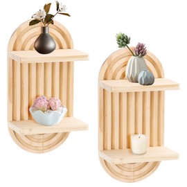 Gachiwar Pack of 2 Boho Wooden Wall Shelves, Bohemian Wall Decoration for Children's Room, Living Room & Bedroom, Plant Stand in Natural Design (Boho Style)