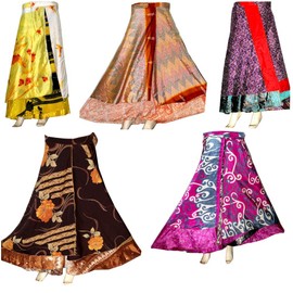 rajwada-fashion Pack of 3 Pcs Indian Printed Reversible Art Silk Wrap Around Skirts (Mini Skirt (21 inch Length))