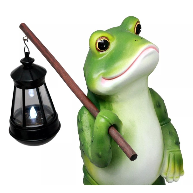 Blue Bayou Trails Hiking Frog Statue Holding Rod With Solar