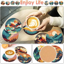 ijbnhd 8 Pcs Sunset Diamond Painting Coasters with Holder, Abstract Landscape Diamond Art Coasters Diamond Painting Kits for Beginners, Adults Art Craft Supplies
