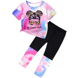DONWEN Girls Clothes Size 8 Girls Outfits Size 9 Tie Dye Short Sleeve Tops + Long Pants Joggers Sweatpants 2 Piece Figure Graphic Summer Sweatsuits Sets Pink