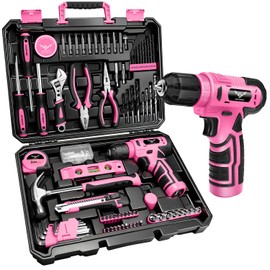 JENABOM 127-Piece Home Tool Set with 8V Pink Cordless Drill | With Portable Toolbox, Hand Tools for Home Repair, DIY Projects & Daily Use, Gift for Women & Men