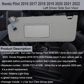 NHILES Left Driver Side Sun Visor Fits for Honda Pilot 2016-2022 Honda Ridgeline 2018-2020 Replacement Sun Shade # 83280-TG7-A12ZB (Wisteria Light Gray)