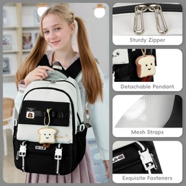 Amythe School Backpack Teenager Girls Large Girls School Bag for Grades 5-12 Stylish School Bag Casual Nylon Daypack for High School and University, black
