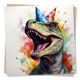 Stunning Dinosaur Happy Birthday Card - Multicolour Blank Party Hat T Rex Greetings Card - Made in UK