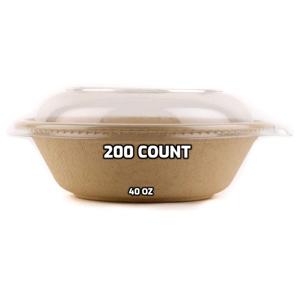 200 Count - EcoQuality 40oz Round Disposable Bowls with Dome Lids Natural Sugarcane Bagasse Bamboo Fibers Sturdy Compostable Eco Friendly Environmental Paper Plastic Bowl Alternative Tree Free