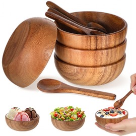 4 Pack Acacia Wooden Bowl with 4 Pcs Spoon 2.5 oz Wooden Dipping Bowls Round Wood Salad Hand Carved Calabash Dip Tray for Condiments, Jam, Nuts, Appetizer, Snack, Yogurt, Ketchup, Barbecue (3.9 Inch)