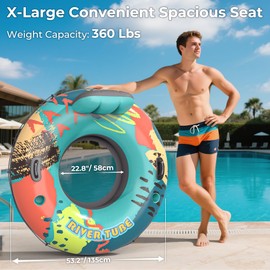 53" Heavy Duty River Tube Float for Adults, Inflatable River Raft Float for Pool Lake Beach with Built-in Cup Holders, Ergonomic Backrest, Durable Grip Handles & Grab Rope, 360Lb Weight Capacity