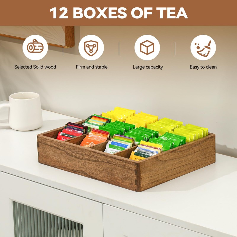 KIRIGEN Wood Tea Organizer 12 Compartments Tea Bag Holder Wooden