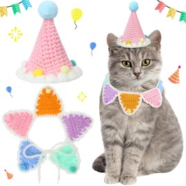 Sanwuta 2 Pcs Cat Birthday Party Supplies, Knit Cat Hat Kitten Birthday Bib Knit Bandana Pet Party Costume Headwear Accessories for Puppy Kitten Small Dogs Animals(Multicolor)