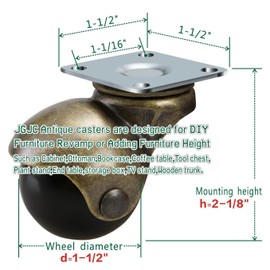JGJC 1.5 inch Vintage Caster Wheels for Furniture, Antique Brass Ball Casters for Furniture Legs, Carpet,Table,Ottoman, Small Plate Swivel Castors Wheels 8 Pack, Protective Packaging Included