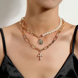 Gold Pearl Cross Necklace for Women Layered Necklace Coin Pendant Necklace Stacked Necklace Birthday Party Jewelry for Women (Gold)