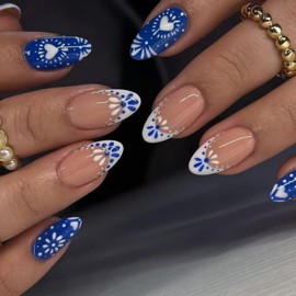 Blue White Totem Press on Nails French Tip Fake Nails Short Almond False Nail with Design Heart Glue on Nails Glossy Artificial Acrylic Full Cover Nude Stick on Nail for Women Manicure 24Pcs