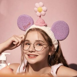 Alle Wonderland Facial Makeup Head Band Soft Coral Fleece Lovely Kawaii Girlie Bow Makeup Cosmetic Shower Elastic Hair Band Spa Headband (FlowerEars, One Size)