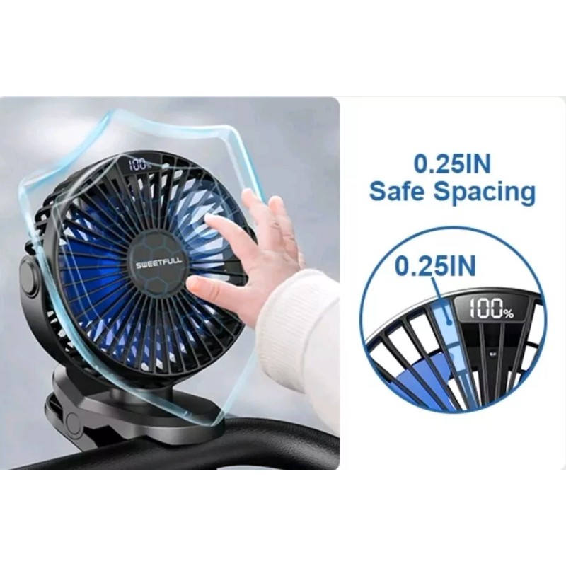 Sweetfull Portable Clip-on Fan 4000mAh Rechargeable LED Display 4 Speeds
