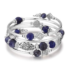 BULINLIN Beaded Silver Bangle Wrap Bracelet for Her, Layered Bohemian Bracelets with Natural Stone, Jewellery Gifts for Women Ladies(Navy blue)