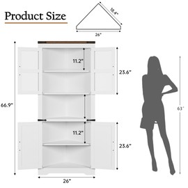 GarveeHome 67" Tall Corner Storage Cabinet with Lights, Farmhouse Corner Hutch Display Cabinet with Glass Doors, Wooden Storage Organizer for Kitchen, Living Room, Bathroom, White