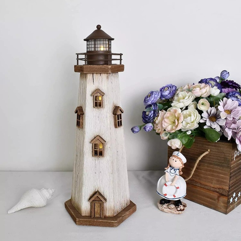 Eview Wood Lighthouse Decor with Light Decorative Beach Lighthouse Rustic