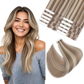 Elailite Tape in Hair Extensions Human Hair Thick Real Remy Hairpieces Golden Brown & Bleach Blonde 18 Inch 50g 20pcs Straight Invisible Seamless Skin Weft Best Tape for Women