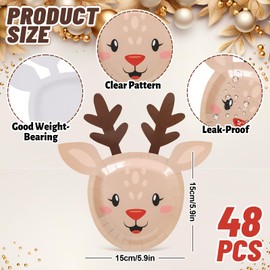 JarThenaAMCS 48Pcs Christmas Elk Paper Plates Xmas Funny Cartoon Reindeer Disposable Tableware Plates for Birthday Winter Holiday Party Table Decor Supplies
