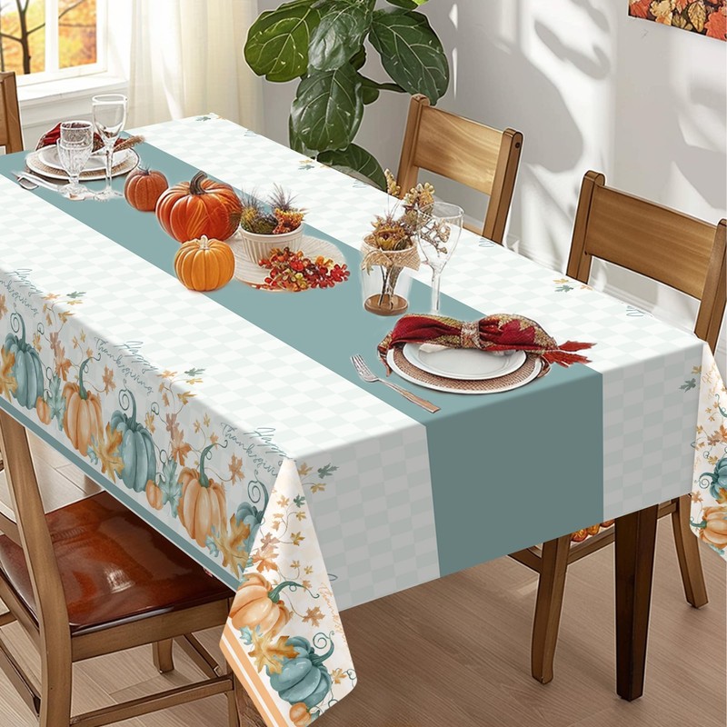 Thanksgiving Disposable Tablecloths,2 Pack Blue Pumpkin Maple Thanksgiving Plastic Table