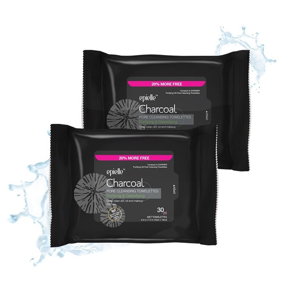 Epielle Charcoal Makeup Remover Cleansing Wipes Tissue |All Skin Types | Daily Facial Cleansing Towelettes | Removes Dirt, Oil, Waterproof Makeup Thanksgiving Gift Stocking Stuffe (Pack of 2)