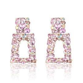 NANDUDU Rectangle Dangle Earrings for Women Sparkly Crystal Geometric Drop Trendy Statement Earrings Jewelry (Pink)