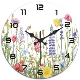 peacoblue Wall Clocks Battery Operated Wildflowers 12 Inch Glass Wall Clock Non Ticking for Kitchen Living Room Dining Room Bedroom and Bathroom Decor Accessories (Battery not Included)