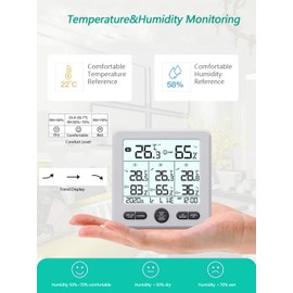 Indoor Outdoor Digital Thermometer Hygrometer with 3 Wireless Sensors, Temperature Humidity Monitor with 30m-100m Range Remote Sensor, Clock, Alarm, LCD Backlight for Home, Office, School