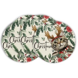 Artoid Mode Holly Flowers Antler Cat Eucalyptus Christmas Placemats Set of 4, Round 37cm Seasonal Winter Xmas Holiday Vintage Washable Table Mats