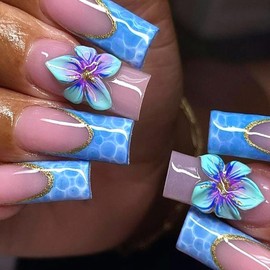 IMRAIN Press on Nails Medium Square Fake Nails Blue French Tips False Nails with 3D Flower Designs Summer Acrylic Squoval Nails Press on Full Cover Gel Handmade Stick on Nails for Women