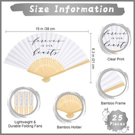 Threehoney 25 Pcs Funeral Favors Fans Forever in Our Hearts Bamboo Folding Fan Memorial Handheld Fans Paper Handheld Fan for Guest Funeral Condolence Sympathy Gift(White,Classical)