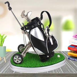 WLOOD Golf Pens with Golf Bag Holder,Novelty Gifts with 3 Pieces Aluminum Pen Office Desk Golf Bag Pencil Holder for Men Fathers Day,Golf Gifts for Golfer Fans Coworker (Silver and Black)