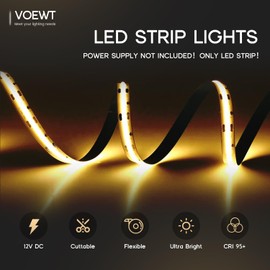 VOEWT COB LED Strip Lights Neutral White 4000K,16.4ft 12V High CRI 95Ra+ Super Bright,Flexible Tape Lights for Bedroom,Mirror,Kitchen Cabinet, Living Room(Power Supply Not Included)