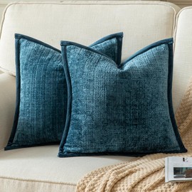 YAERTUN Pack of 2 Chenille Textured Decorative Cushion Covers Accent Solid Throw Pillow Covers Soft Cozy Pillow Case with Velvet Back for Couch Sofa Bed Living Room 18x18 Inch 45x45cm Blue