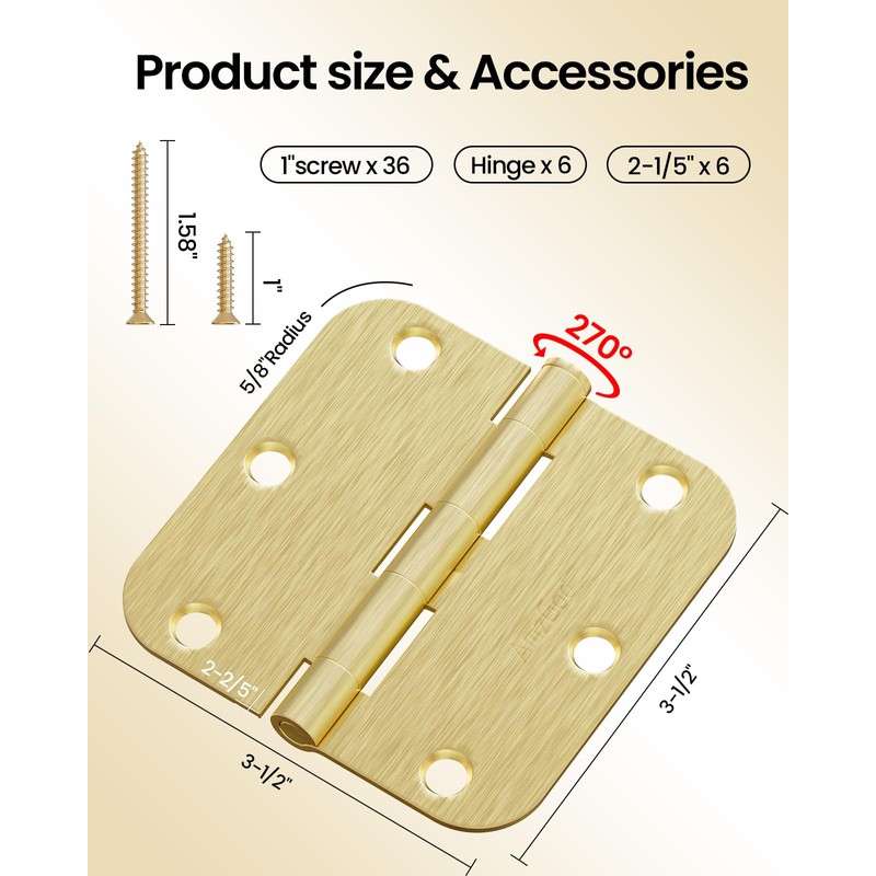 AmzGod Gold Door Hinges - 24 Pack 3.5 Inch Rounded