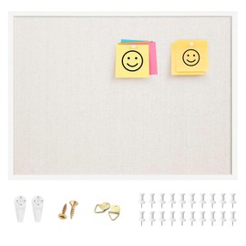 OWLKELA 20'' x 30'' Linen Bulletin Board, White Framed Corkboard, White Oak Frame Linen Cork Board, Vision Board and Decorative Hanging Pin Board