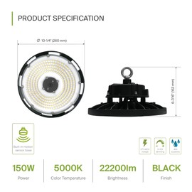 ASD LED High Bay UFO Light Fixture, Commercial Shop Lighting | Dimmable, IP69K Waterproof, DLC Premium, UL Listed | 150W 22000LM 5000K 277-480V | Warehouse, Garage, Workshop, Barn Lamp | Black