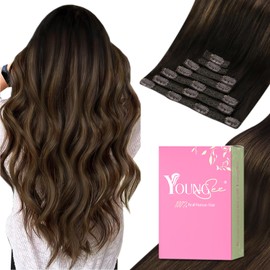 YoungSee 150G Clip in Extensions Brown Balayage Human Hair Clip in Extensions Dark Brown Mix Medium Brown Highlights Brown Balayage Clip on Extensions Human Hair with Natural Texture 24Inch 7Pcs