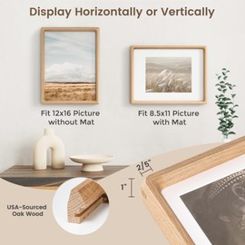 12x16 Picture Frame, USA-Sourced Oak Wood Photo Frame with HD Tempered Glass, Handcrafted Rounded Corner 12 x 16 Wooden Frame Matted to 8.5x11 Photos, Horizontal or Vertical Wall Display