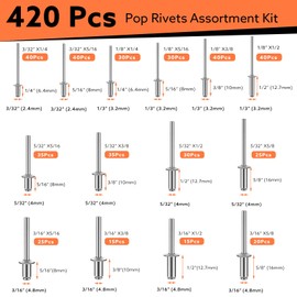 420 Pcs 14 Size Pop Rivets Assortment Kit Aluminum Rivets (3/32" 1/8" 5/32" 3/16"), Assorted Blind Rivets with Divider Labeled Case for Storage