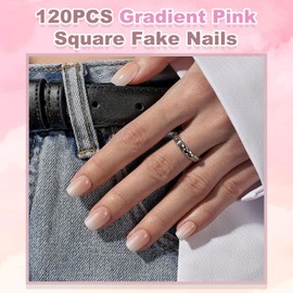 French False Nails - 120pcs Natural Gradient Pink Fake Nails - Acrylic Square Short Press On Nails Kit With Glue - Glossy Full Cover Stick On Nails Pink Tips Set for Women Nail Art Manicure