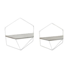 Set of 2 Hexagon Wall Shelves - Contemporary Rustic Coastal White and Gray Metal and Wood Decorative Floating Wall Storage Shelf