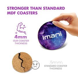 1 x Round Coaster - Name Imani Space Universe Galaxy Stars Letter Lettering Initial Cork Backed MDF Glossy Tea Coffee Accessory #263017