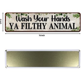 Duetom Wash Your Hands Ya Filthy Animal Sign,Funny Bathroom Wall Art, Green Plant Tin Plaques for Kitchen Toilet Home Decor 4x16 Inch