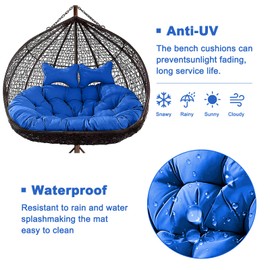 ANMINY 2-Seater Hanging Egg Chair Cushion Thickened 6.3Inch Waterproof Anti-UV Hammock Swing Chair Replacement Cushion, Washable Outdoor Hanging Basket Seat Pads with 2 Detachable Pillows, Lake Blue
