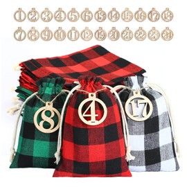 GWHOLE Christmas Advent Calendar 2024,Empty Advent Calendar Bags Drawstring Bag 4×6 Buffalo Plaid Burlap Bags Advent Bags 24 Days Christmas Countdown Jute Gift Bags with Number Tags