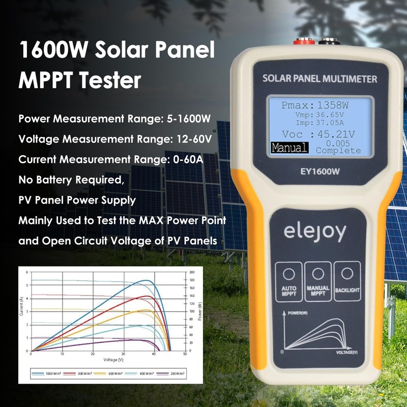 Solar Panel Tester, 1600W Photovoltaic Panel Multimeter Manual/Auto MPPT Tester